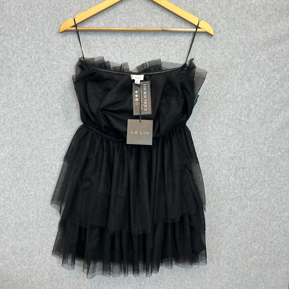LE LIS Rule The Runway Mini Dress Black Tulle Tiered Strapless Goth Size S NWT